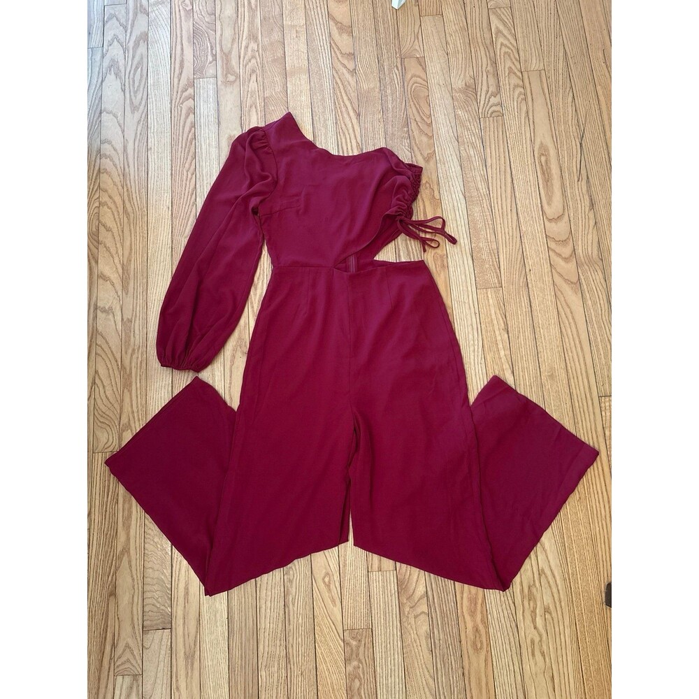 One shoulder jumpsuit burgundy red side tie cutout asymmetrical wide leg wedding